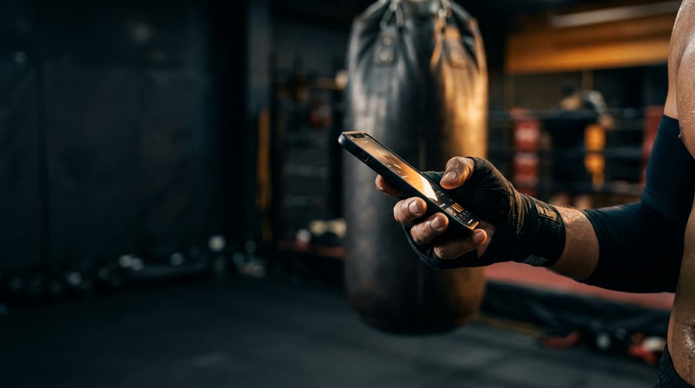 A fighter checking the EnsayoHub app on their phone in the gym