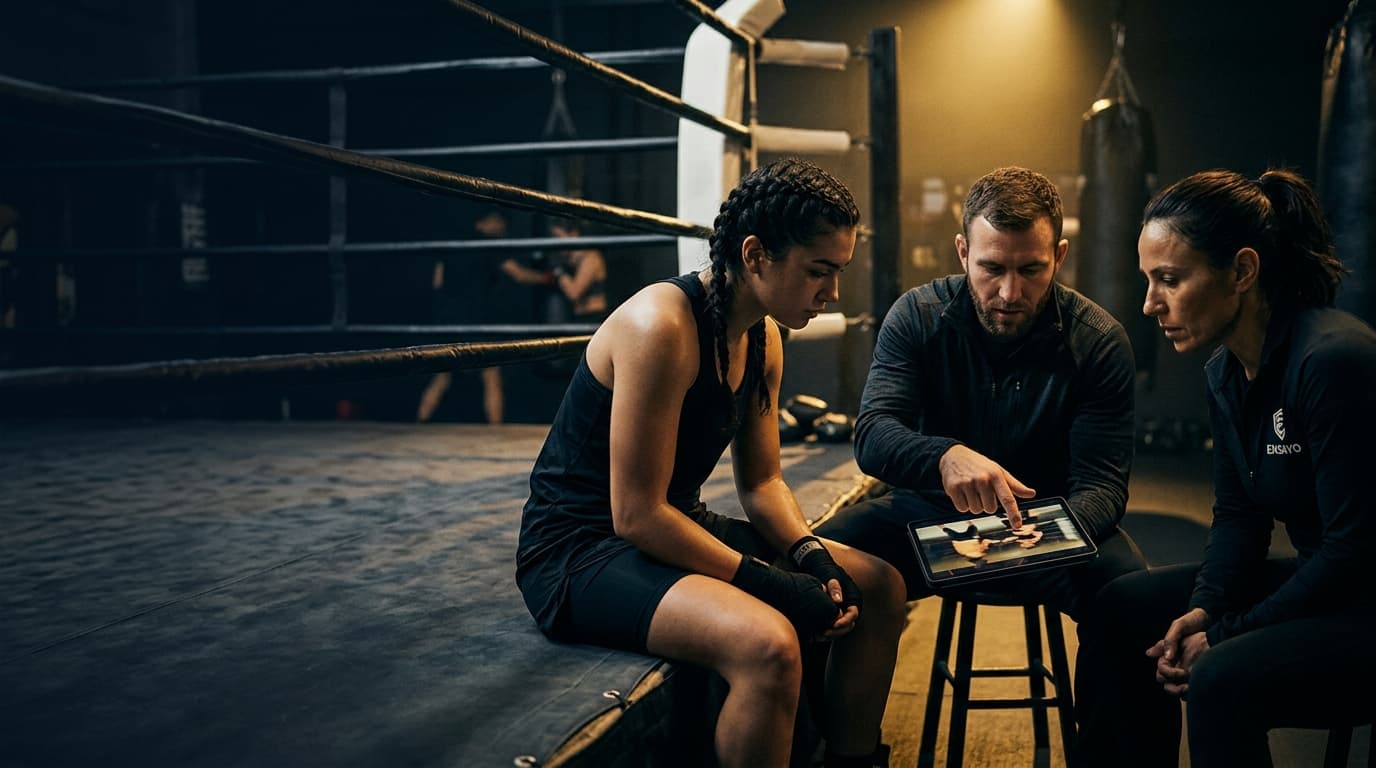 A coach and athlete reviewing a training program on a tablet