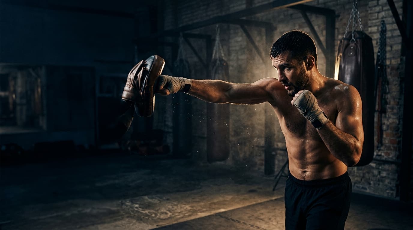 Fighter training in a dark gym