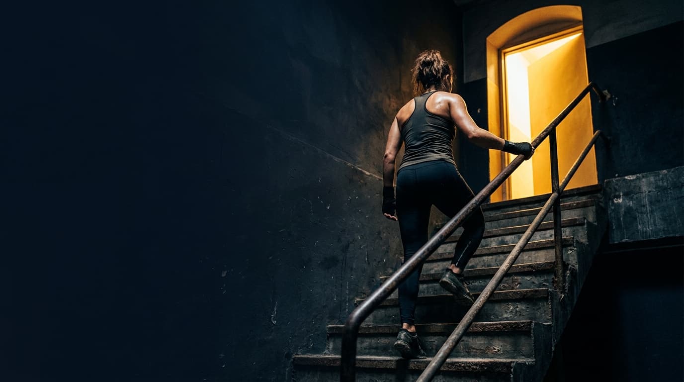 A fighter climbing gym stairs toward the light